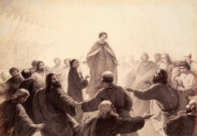 Viisaiden henget ympäröivät Danten ja Beatricen, jotka laulavat ja tanssivat heidän ympärillään. Kuvitus Dante Alighierin Jumalaisen komedian Paradiso-kappaleen XIV kantosta. Franceso Scaramuzzan Firenzen kunnalle omistama teos. tekijältä Unbekannter Künstler