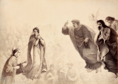 Dante ja Beatrice apostolien Pietarin, Jaakobin ja Johanneksen kirkkaiden henkien edessä. Pietari on nostanut kätensä ylös vihan merkiksi. Kuvitus Dante Alighierin teoksen Jumalaisen komedian Paradiso-kappaleen XXVII kantosta. Francesco Scaramuzzan teos, j tekijältä Unbekannter Künstler