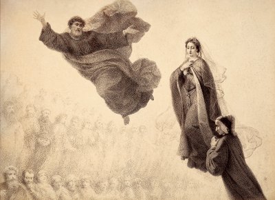 Dante ja Beatrice tapaavat Pietarin. Kuvitus Dante Alighierin teoksen Jumalaisen komedian Paradiso XXIV-kappaleesta. Francesco Scaramuzzan Firenzen kunnalle omistama teos. tekijältä Unbekannter Künstler