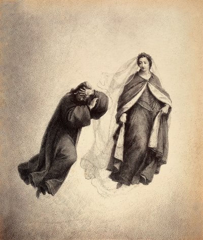 Dante peittää kasvonsa käsillään Beatricen katseesta, joka on niin täynnä jumalallista rakkautta. Kuvitus Dante Alighierin Jumalaisen komedian Paradiso-kappaleen IV laulusta. Franceso Scaramuzzan Firenzen kunnalle omistama teos. tekijältä Unbekannter Künstler