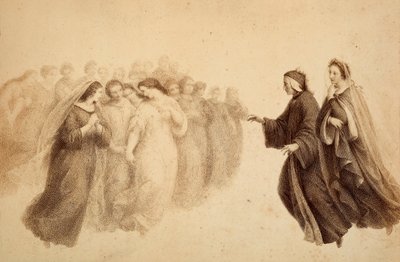 Dante yhdessä Beatricen ja siunattujen henkien kanssa. Kuvitus Dante Alighierin teoksen Jumalaisen komedian Paradiso-kappaleen kantosta XXXIII. Francesco Scaramuzzan Firenzen kunnalle omistama teos. tekijältä Unbekannter Künstler