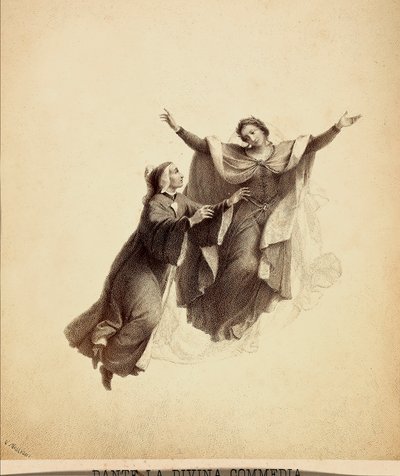 Dante, avosylin, johdattaa Beatricen pakoon Paratiisin taivaanrannan läpi. Kuvitus Dante Alighierin Jumalaisen komedian Paradiso-kappaleen I laulusta. Franceso Scaramuzzan Firenzen kunnalle omistama teos. tekijältä Unbekannter Künstler