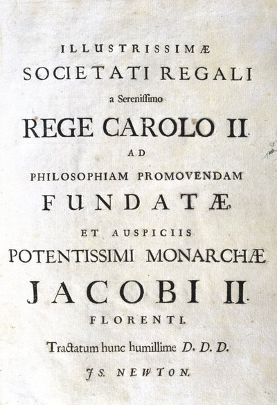 Newtonin "Principia Mathematican" omistussivu tekijältä Unbekannt