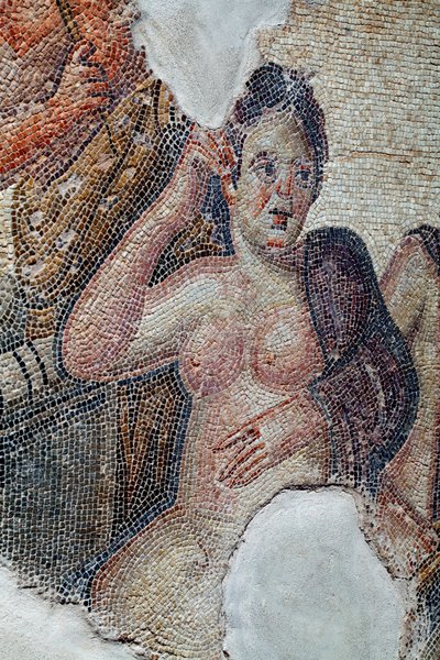 Yksityiskohta paneelista, jossa Sparta-kuningatar Leda on lacedaemonialaisten tyttöjen seurassa ottamassa kylpyä Eurotas-joessa - Zeus lähestyy häntä joutseneksi naamioituneena - Pafoksen mosaiikit, Aionin talo, 3. vuosisata jKr - Kypros - D tekijältä Unbekannter Künstler