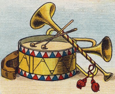 Rumpu ja trumpetti. Kaiverrus "Alphabet de ma petite fille". Bernardin-Bechet ja Fils, kirjakauppias-kustantajat, Pariisi, noin 1895. Rikkoutumaton albumi kankaalle. Bibliotheque des Bebes. 12 sivua. Albumi, joka sisältää lukumenetelmän ja havainnollisen a tekijältä Unbekannt