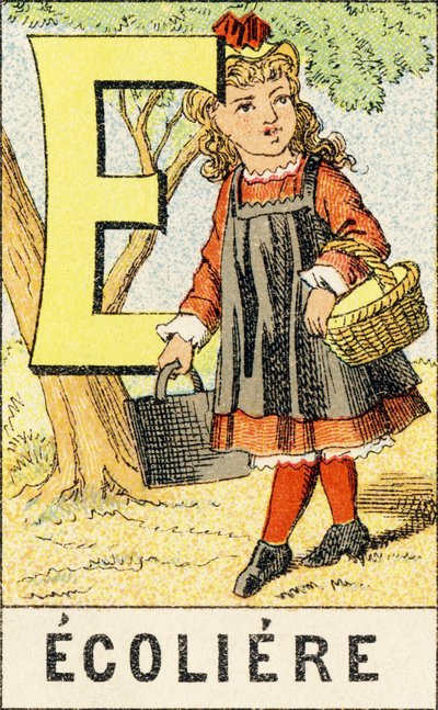 E: Koulutyttö - ABCD:ltä otettu kaiverrus pienistä tytöistä. Pellerin & Cie, kirjapaino-kustantaja, Epinal, noin 1890. Serie A. Mitat: 19 x 13,5 cm. tekijältä Unbekannt