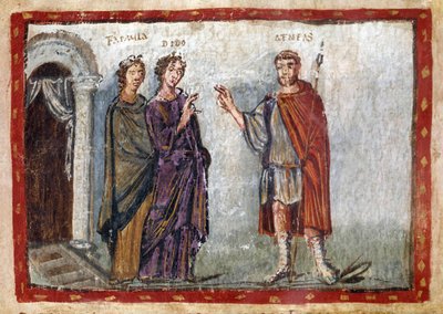 Jakso Vergiliuksen Aeneiksesta (70-19 eKr.): Aeneaksen ja Didon kuvaus. Dido yrittää pidätellä Aeneasta. Epätoivoon joutunut Dido tekee itsemurhan. Miniatyyri on peräisin "Codex Vaticanus Latinus 3225 tai Vergilius Vaticanus", folio 36. 5. vuosisata. Bibli tekijältä Unbekannter Künstler
