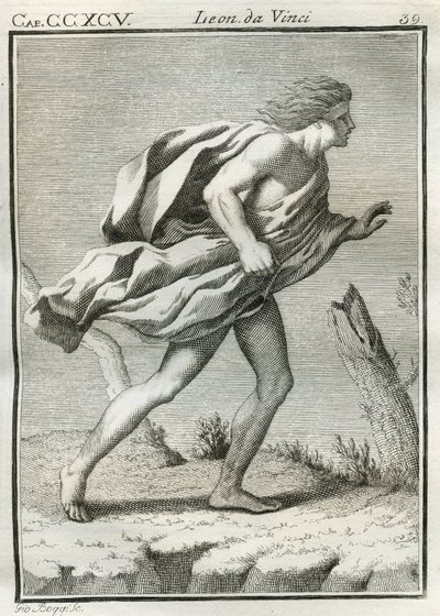 Etydi miehestä, joka kävelee tuulta vastaan, vaatteet ja hiukset puuskien rypistyneinä ja vartalonsa nojaten eteenpäin. Kaiverrus Leonardo da Vincin (Leonard de Vinci) (1452-1519) "" Treat of Painting -kirjasta". "" Trakaatti Lionan maalauksesta tekijältä Unbekannt