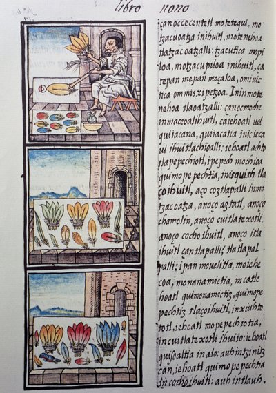 Höyhenkäsittely Espanjan valloituksen jälkeen, sivu Firenzen Codexista, kaksikielinen versio espanjaksi ja nahuatliksi, General History of Things of New Spain, espanjalainen lähetyssaarnaaja Fray Bernardino de Sahagun. Atsteekkien sivilisaatio tekijältä William M. Timlin