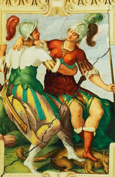 Naishahmot kypärässä, yksityiskohta freskosta Mantan linnassa (1400-luku), Saluzzo, Piemont, Italia tekijältä Benjamin Baud