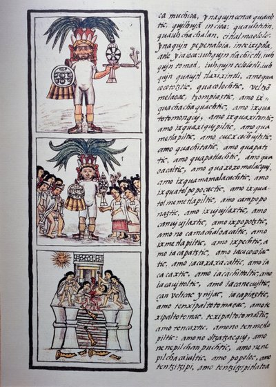 Toxcatlin ja hänen uhrinsa festivaali, Firenzen Codexin II kirja, kaksikielinen versio espanjaksi ja nahuatliksi, Uuden Espanjan asioiden yleinen historia (Historia general de las cosas de Nueva Espana), atsteekkien sivilisaatio tekijältä Benjamin Baud