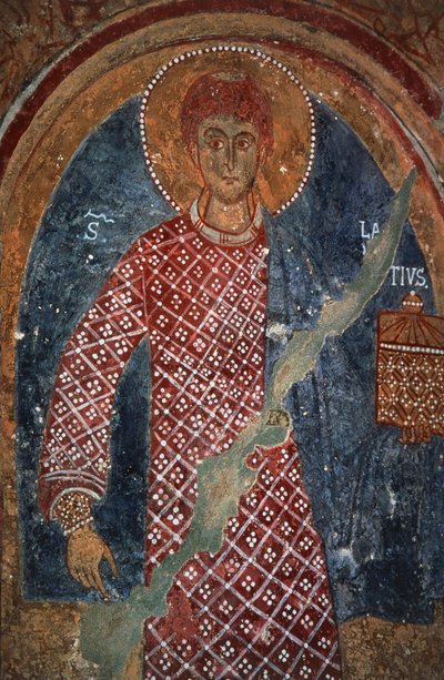 Pyhimyksen hahmo, fresko Pyhän Nikolauksen kappelissa (11.-15. vuosisata), Mottola, Apulia, Italia. tekijältä Benjamin Baud