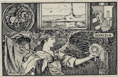 Ensimmäinen maailmansota (1914-1918): italialainen isänmaallinen postikortti Gorizian liittämiseksi Italiaan tekijältä Unbekannter Künstler