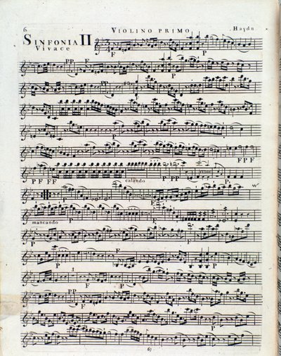 Ensimmäinen sivu viululle J Haydnin sinfoniassa nro 2 tekijältä Unbekannter Künstler