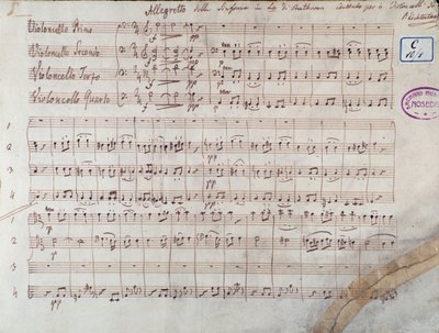 Ensimmäinen sivu Sinfonia n:n neljälle sellolle. 7 fi A-duuri, op. 92, kirjoittanut Ludwig van Beethoven tekijältä Unbekannter Künstler