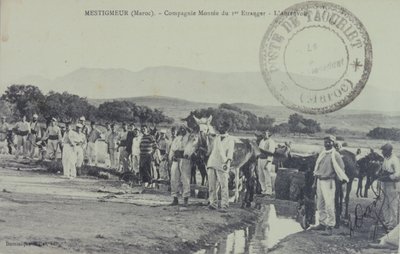 Ranskalaisia legioonalaistaustaisia siirtomaasotilaita partioimassa lähellä Atlasvuoria, Marokko. postikortti 1909. tekijältä Unbekannter Künstler