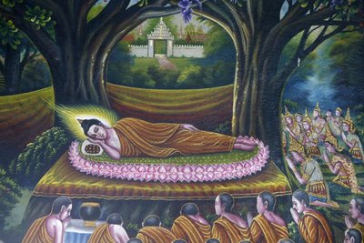 Fresko, joka kuvaa Buddhan tuloa nirvanaan Wat Chiang Munissa Chiang Maissa. Buddhan tulo parinirvanaan. Thaimaa tekijältä Unbekannt