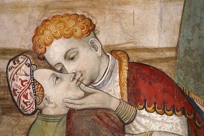 Baronial Hallin freskot (1400-luku), yksityiskohta, Della Mantan linna, Manta (Cuneo), Piemont, Yksityiskohta, Italia tekijältä Benjamin Baud