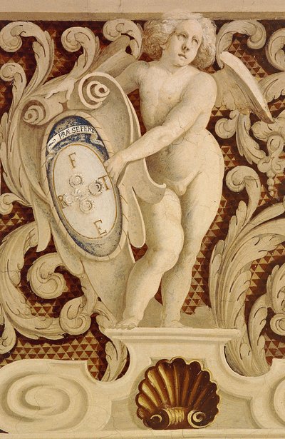 Baronial Hallin freskot (1400-luku), yksityiskohta, Della Mantan linna, Manta (Cuneo), Piemont, Yksityiskohta, Italia tekijältä William M. Timlin