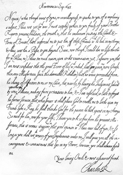 Charles I:n ystävällinen kirje veljenpojalleen prinssi Mauricelle, kirjoitettu Newtownissa, Powysissa, Walesissa, 20. syyskuuta tekijältä Unbekannt