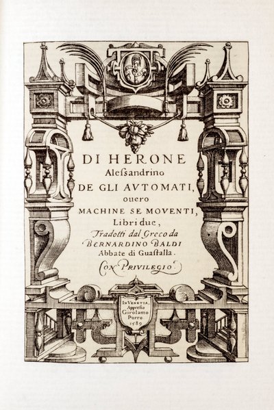 Aleksandrian Heronin (1. vuosisadan) "" Automaattien" frontispice 1589 tekijältä Unbekannt