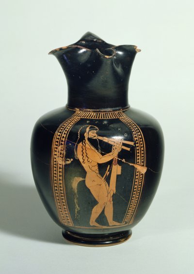GR.126-1864 Oinochoe, koristeltu kaksoishuilua soittavalla Satyrilla, Attic punainen hahmo, Ateena, Kreikka, 520 eKr. (savi) tekijältä Unbekannt