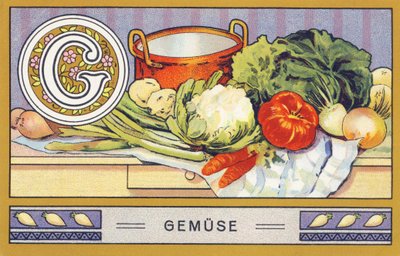G: Kasvis - Alphabet Palmine. Kromolitografioiden sarja, toimittajina H. Schlinck & Cie, Hamburg, s. d. . Mainos Palminin hienoimmasta kookosrasvasta. Mitat: 7 x 11 cm tekijältä William M. Timlin
