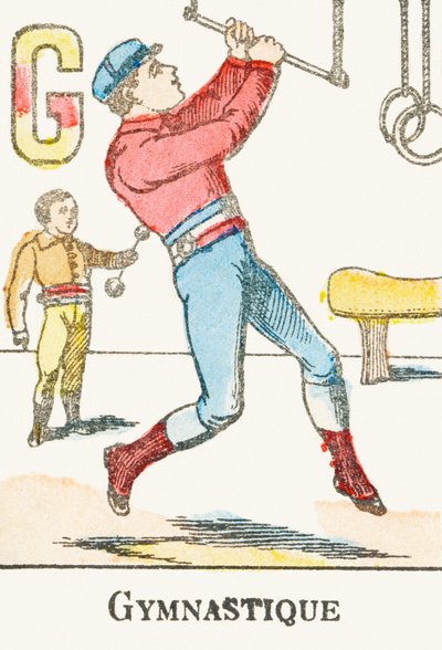 G: Voimistelu - Kaiverrus kirjasta "Alphabet des jeux", noin 1890 tekijältä Unbekannt