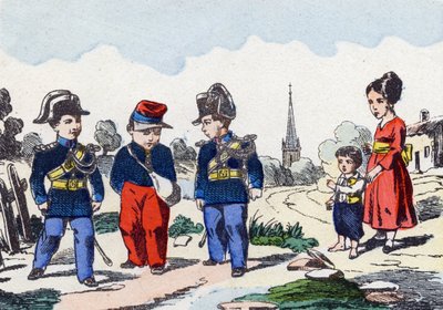Santarmit. Kaiverrus "lasten sotilasaakkosilla". Kuvat Pont-a-Moussonista, noin 1890. 20 sivua. Aurinko: 28,5 x 21 cm tekijältä Unbekannt