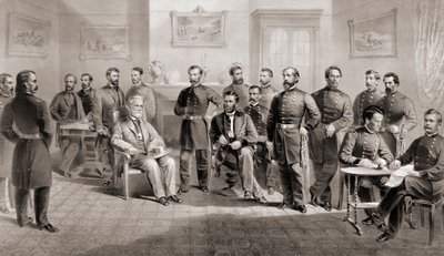 Kenraali Ulysses S. Grant (istuu keskellä oikealla) ja kenraali Robert E. Lee (istuu keskellä vasemmalla) henkilökuntansa kanssa Appomattoxin oikeustalossa Virginiassa, missä kenraali Lee luovutti Pohjois-Virginian armeijan ja päätti siten Yhdysvaltain sis tekijältä Unbekannt
