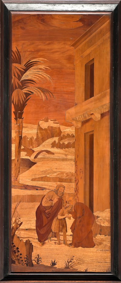 Genova, Duomo (Pyhän Laurentiuksen katedraali), sisällä, apsi, kuoro, pohjoispuoli: "Johannes Kastaja lomailee perheestään", Vincenzo ja Tommaso Garassinon puuintarsia (XIX vuosisata) tekijältä Unbekannter Künstler