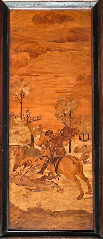 Genova, Duomo (St Lawrence Cathedral), sisustus, apsi, kuoro, Etelä: "St George and the Dragon", Vincenzo ja Tommaso Garassinon puuintarsia (1800-luku); tekijältä Unbekannter Künstler