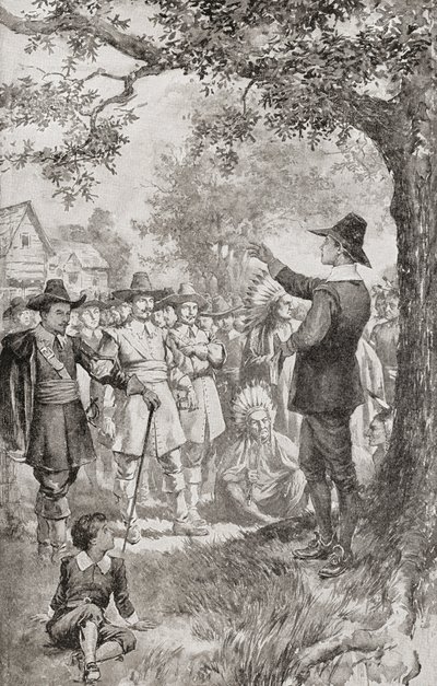 George Fox saarnaa väkijoukolle Marylandissa, Amerikassa vuonna 1671 paikallisen kveekarikokouksen nelipäiväisen kokouksen aikana. George Fox tekijältä Unbekannter Künstler