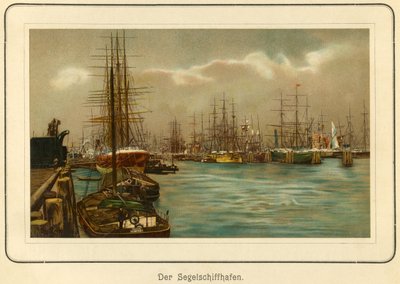 Saksa, Hampuri, purjelaivojen satama, litografia vuodelta : "Ansichten-Album Hamburg", julkaisija C. Schneider, Berlin NW., n. 1890 (litografia). tekijältä Unbekannter Künstler
