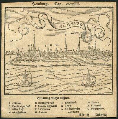 Saksa, Hampuri, näkymä kaupunkiin, etualalla Elbe-joki, kuvitus Sebastian Münsterin (Münster) Cosmographiasta, noin 1570 (kaiverrus). tekijältä Unbekannter Künstler
