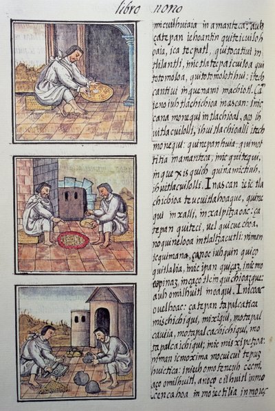 Kullankäsittely Espanjan valloituksen jälkeen, sivu Florentine Codexista, General History of the Things of New Spain, espanjalainen lähetyssaarnaaja Fray Bernardino de Sahagun (1499-1590). Atsteekkien sivilisaatio tekijältä William M. Timlin