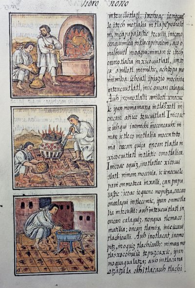 Espanjalaisten kultatuotanto, sivu Firenzen Codexista, kaksikielinen versio espanjaksi ja nahuatliksi, General History of the Things of New Spain, espanjalainen lähetyssaarnaaja Fray Bernardino de Sahagun. Atsteekkien sivilisaatio tekijältä William M. Timlin