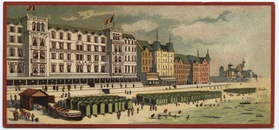 Suuret hotellit: näkymä Hotel de la Plagen ulkopuolelta Oostendessa, Belgiassa - Kartta sarjasta, joka esittelee "Compagnie Internationale des Grands Hotelsin" hotelleja, 1800-luvun loppu - 1900-luvun alku tekijältä William M. Timlin