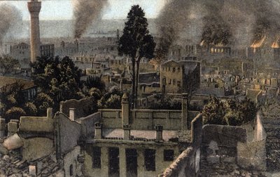 Kreikka, Saloniki (tai Thessaloniki): näkymä yläkaupungista osittain palanut, luultavasti vuoden 1917 palon aikana - Postikortti 1914-1918 tekijältä Unbekannter Künstler