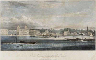 Greenwich Transport Companyn höyrylaivat (Greenwich, Royal Tar, Gipsy, Water Lily ja Fly) Greenwichin laiturirakennusten edessä (Englanti). tekijältä Unbekannter Künstler