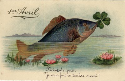 Onnittelukortti 1. huhtikuuta: kala nelilehtisellä treflellä - Postikortti 1800-luvun lopulla-1900-luvulla tekijältä William M. Timlin
