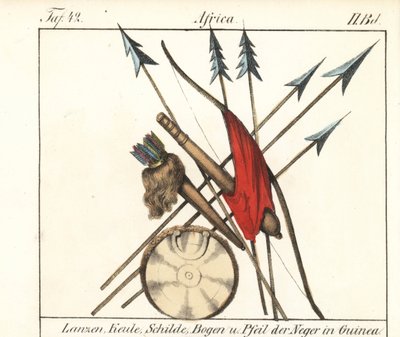 Guinee Conakry aseita, keihäitä, mailoja, jousi ja nuolet niiden jousenvarsi, kilpi. Litografia kirjaa varten: Friedrich Wilhelm Goedsche (1785-1863) "Galerie complete en tableaux fideles des peuples d