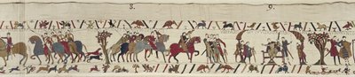 Guy of Ponthieu vie Haroldin vangiksi Beaurainin linnaan, Bayeux Tapestry (villakirjonta pellavalle) tekijältä Unbekannt