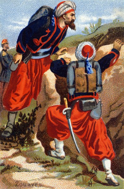H: Zouaves. Kaiverrus "Military Alphabet" -kirjaimella. Kuvittajan nimikirjaimet: A. D. Tuntematon kustantaja. Kromolitografiat 1800-luvun lopulla. Mitat: 10,5 x 7 cm. tekijältä Unbekannt