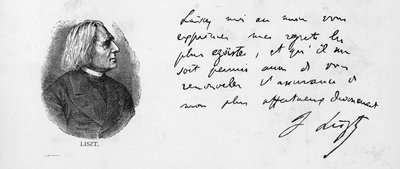 Franz Lisztin käsiala ja allekirjoitus (kynä ja muste paperille) tekijältä Unbekannt
