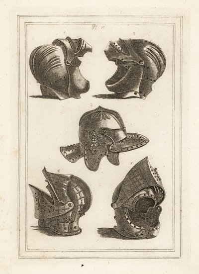 John de Courcyn kypärä, Earl of Ulster 1,2, Oliver Cromwellin päähine 3, kallistuva kypärä 4,5 tekijältä Unbekannt
