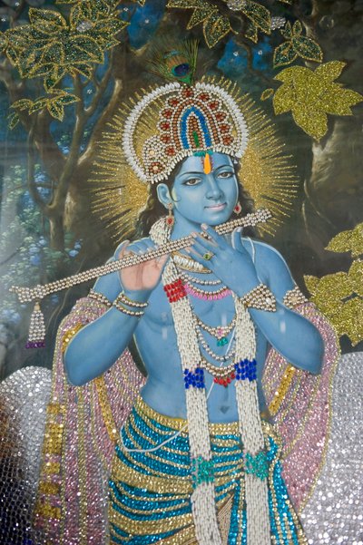 Hindulaisuus; maalaus Lord Krishnasta huilulla; Durgiana Mandir Vishnu -temppeli; Amritsar; Punjab; Intia; Etelä-Aasia; Aasia tekijältä Unbekannt