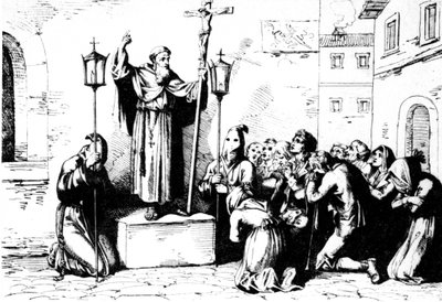 Muinaisen Rooman historia. Munkki saarnaa ihmisille aukiolla Roomassa. Bartolomeo Pinellin kaiverrus XIX vuosisadalla tekijältä Unbekannt