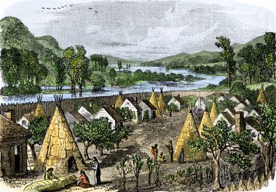 Alkuperäiskansojen historia: Mohawk Village, New York, noin 1780. Värikäs kaiverrus 1800-luvulta. tekijältä Unbekannter Künstler