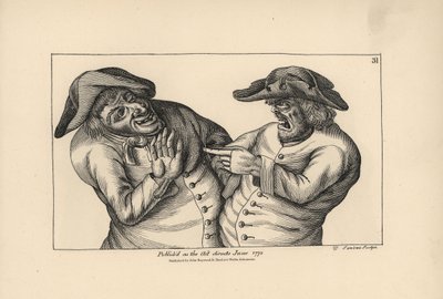 Hodge ja Roaf syyttävät toisiaan siitä, että he ovat jättäneet pissapadan olutkannun tilalle. Thomas Sandersin kuparikaiverrus Timothy Bobbinin (John Collier) (1708-1786) satiirisen kuvituksen mukaan, teoksesta Human Passions Delineated, John Haywood, Manc tekijältä Unbekannter Künstler